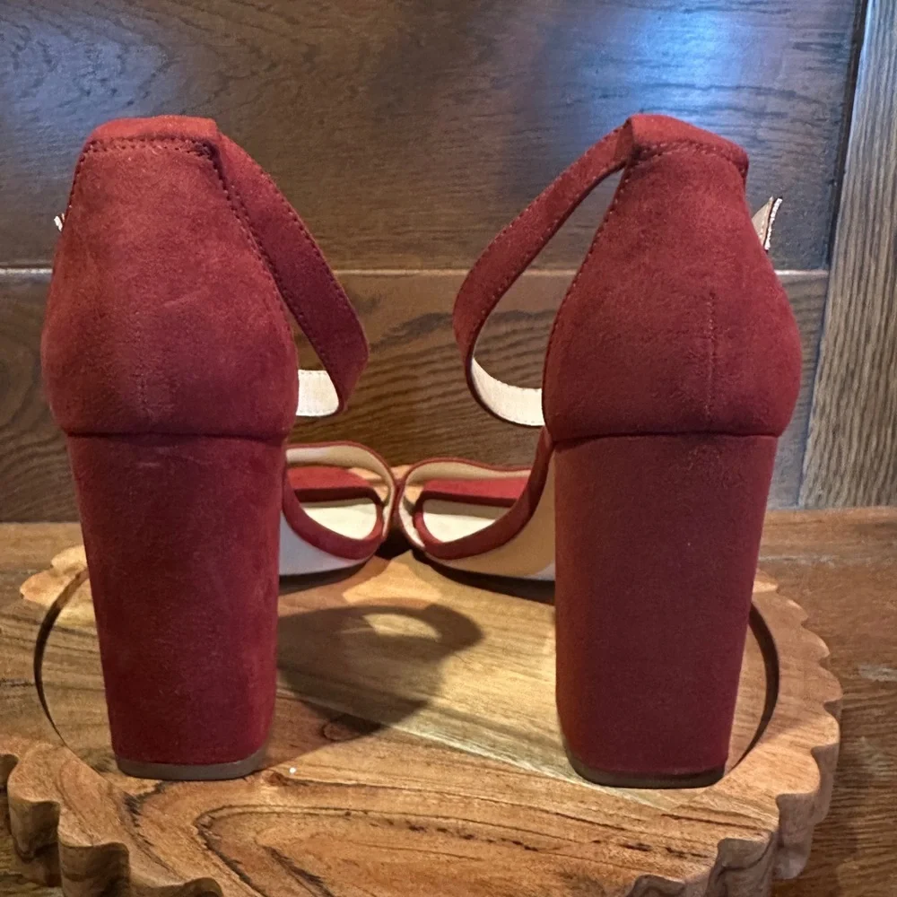 Nine West Burgundy Ankle-Strap Block Heel Sandals